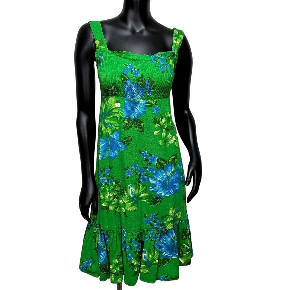 Vintage Hibiscus Floral Smocked Bodice Ruffle Hem Sundress Midi Tank Dress - Picture 1 of 6